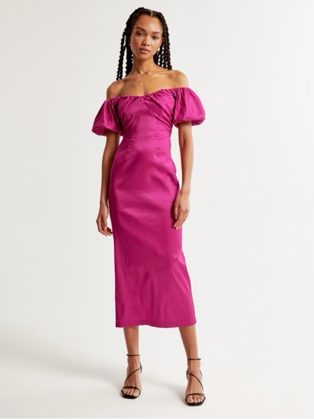 Abercrombie & Fitch Taffeta Off-The-Shoulder Puff Sleeve Midi Dress Pink XS